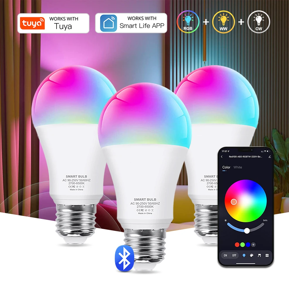 Bluetooth 4.0 išmanioji LED lemputė Tuya lemputės AC85-265V pritemdoma prožektorių lemputė 15W E27 RGB+CW+WW LED spalvų keitimo lempa namams
