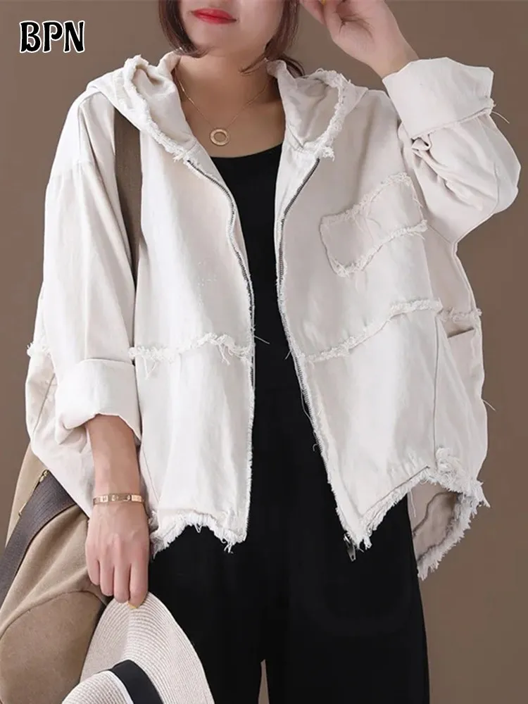 BPN Casual Patchwork Raw Hem Jackets for Women With Thored Long Sleeve Spliced Pockets Minimalist Solid Coat Female Autumn Clothing