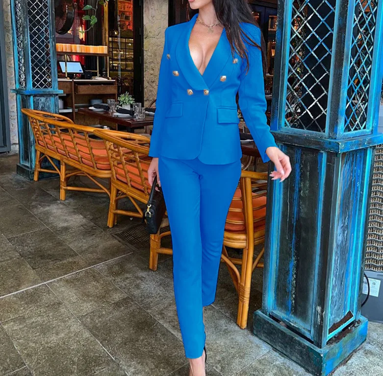 Casual Double Breasted Blazers Sets Women Pencil Pants Set Long Sleeve Business Work Office Jacket Blazer Suit Two Piece Outfits
