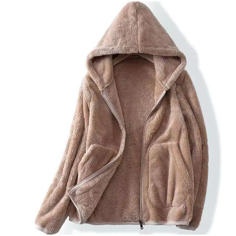 Coral Flanel Minkštas šiltas trumpas paltas Lieknas moteriškas džemperis Ruduo žiema Naujas storas dvipusis vilnos užtrauktukas su gobtuvu ilgomis rankovėmis