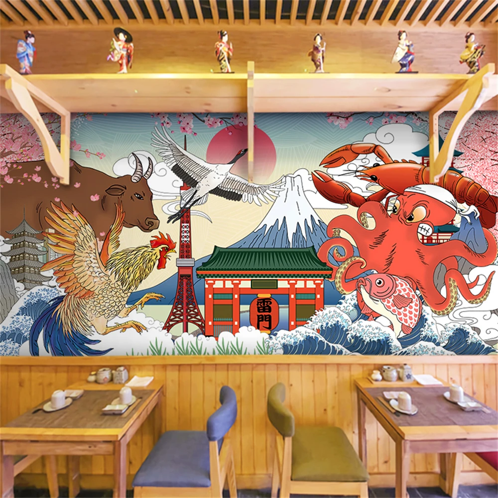 Custom Japanese Ukiyo-e Sea Wave Wallpaper Restoranas Wind 3D Wall paper Sushi Shop Jujiu Mural art Wall Cloth sienų lipdukai