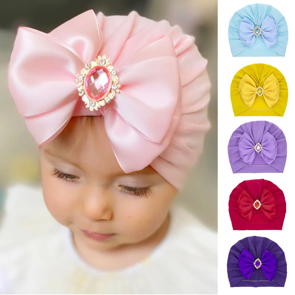 Cute Bowknot Rhinestone Baby Turban Baby Hat Soft Elastic Soild Color Breathable Head Wrap For Girls Children Beanie Headwear