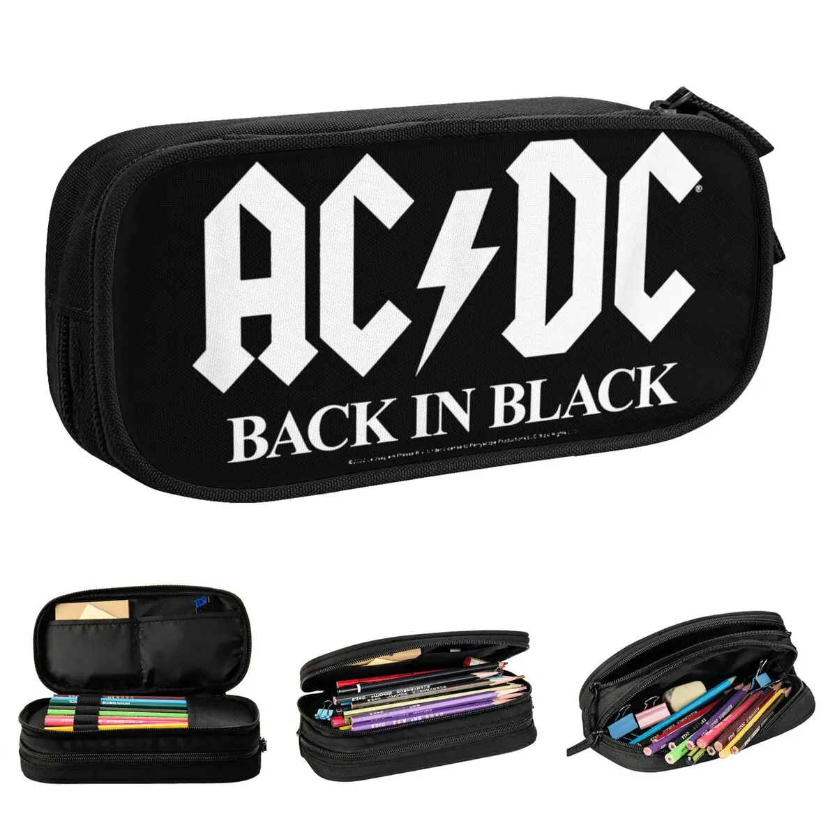 Didelis pieštuko dėklas AC Back in Black Band Music School Supplies Double Layer Pencil Case Stationery Girl Make Up Bag Gift