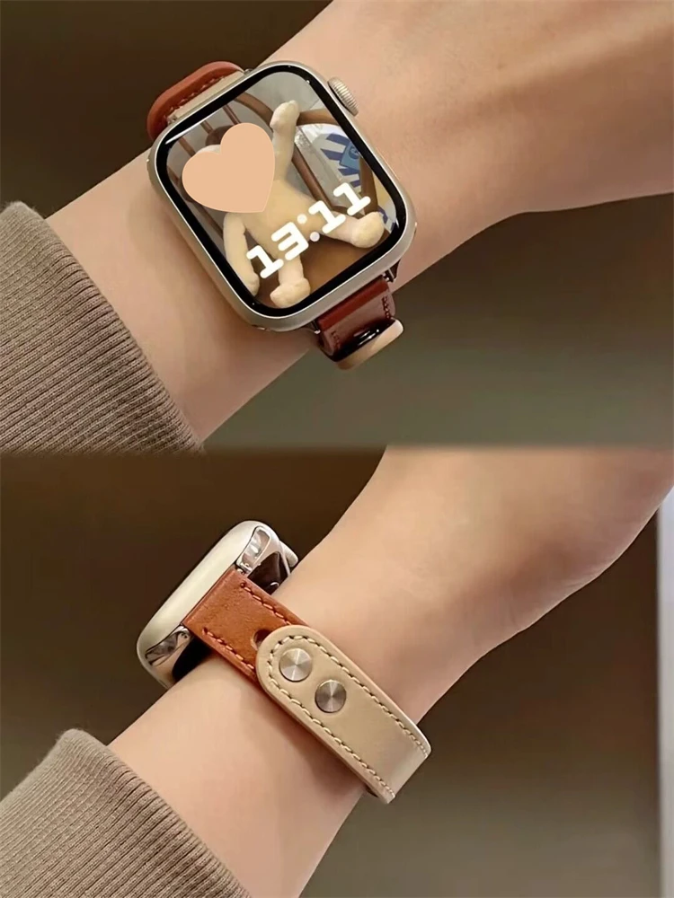 Elegantiškas spalvų atitikimas Plonas tikros odos dirželis, skirtas Apple Watch 49mm serijai 7 8 41mm 45 Girl apyrankė, skirta iWatch SE 6 5 4 40mm 44mm