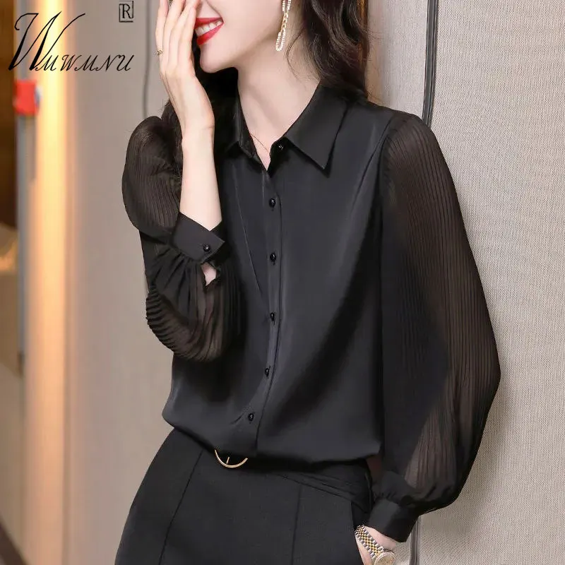 Elegantiškos šifono juodos palaidinės Moterys Fashion Polo apykaklė Biuro marškiniai OL Dizainas Plonas viršus Plisuotos ilgos rankovės Mama Vasaros blusai