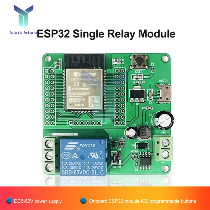 ESP32-WROOM kūrimo plokštė Vienos relės modulis DC7-60V Micro USB 5V 4M baitų blykstė Mėlyno danties modulio elektroninis rinkinys