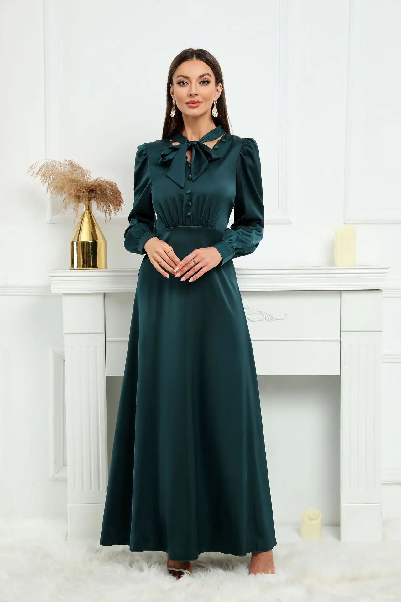 Fashion Hijab Muslim Dress Women Eid Mubarek Vestidos Lapel Neck Ilgomis rankovėmis marškiniai Suknelė Casual Sundress