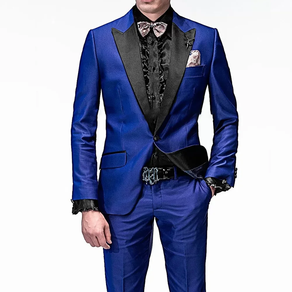 Fashion Satin Men Suits Italian Style Peak Lapel One Button 2 Piece Formal Prom Casual Wedding Tuxedo Slim Fit Blazer Kelnės