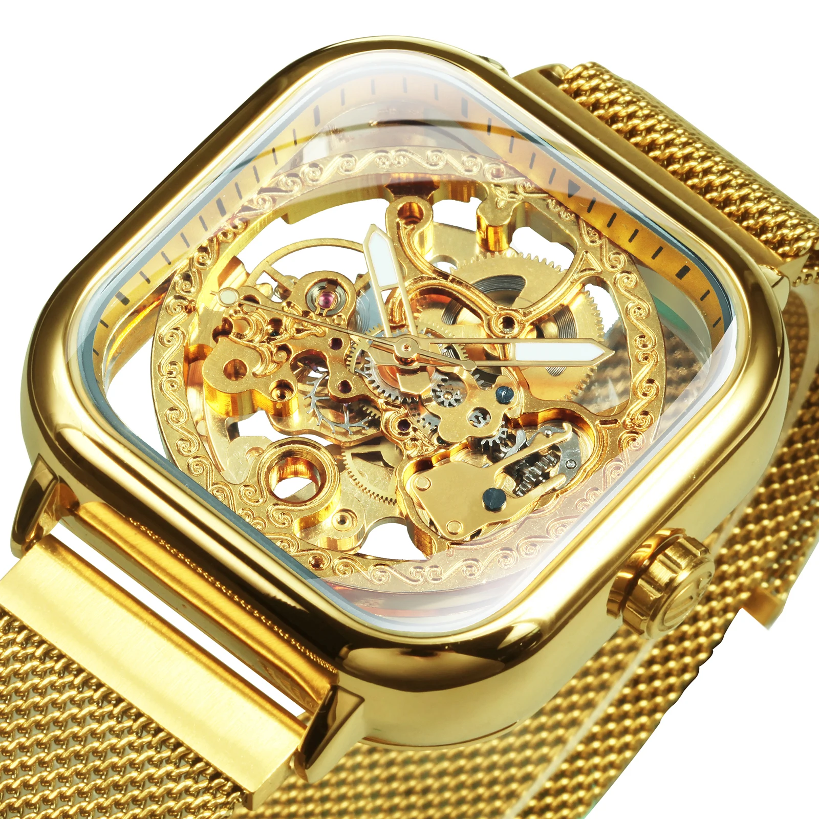 Forsining Prabangus auksinis laikrodis vyrams Graviruotas judėjimas Šviečiantis kvadratas Automatiniai mechaniniai laikrodžiai Tinklelis Nerūdijančio plieno dirželis
