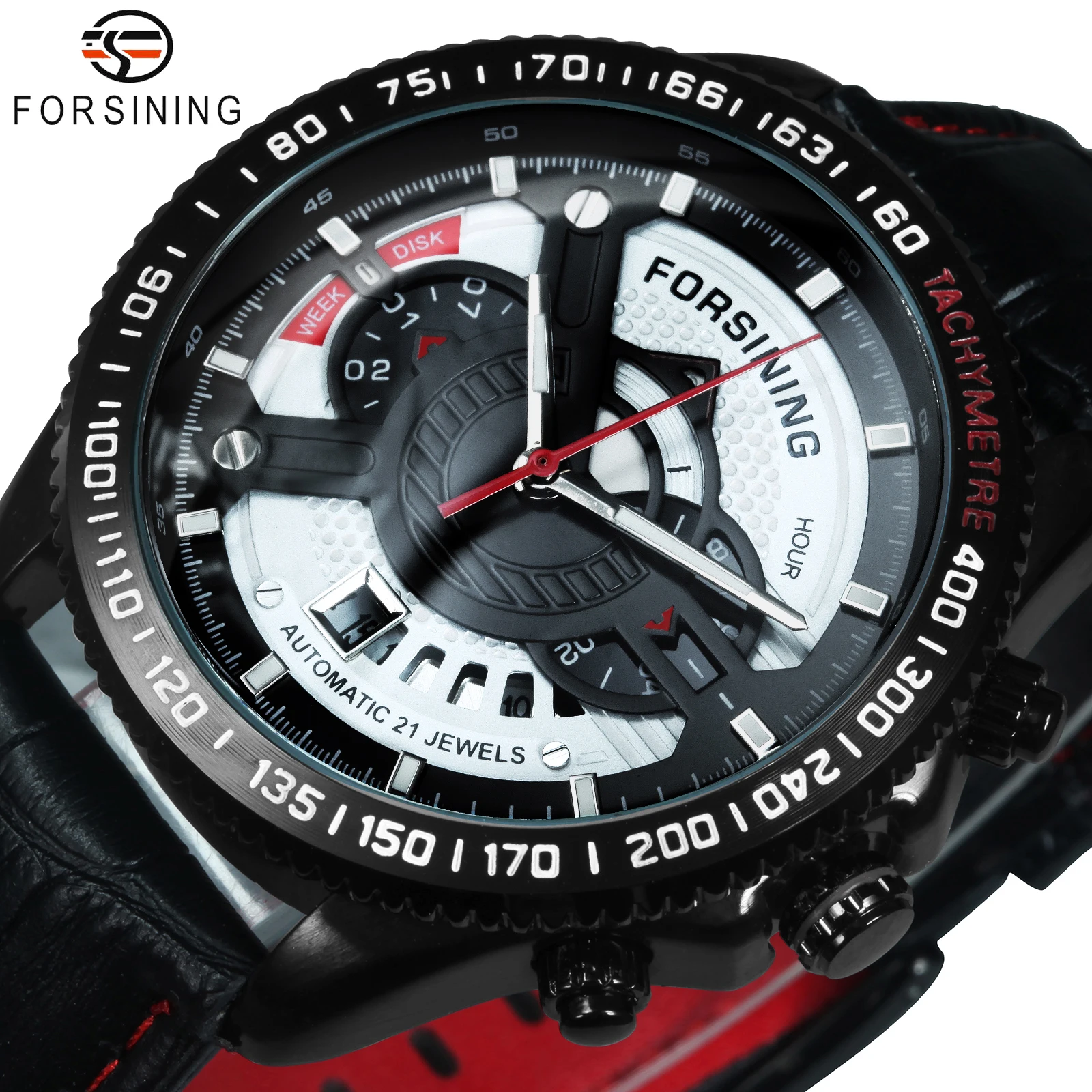 Forsining sportinis automatinis laikrodis vyrams Mados kalendorius Šviečiančios rankos Karinis skeletas Mechaniniai laikrodžiai Natūrali oda