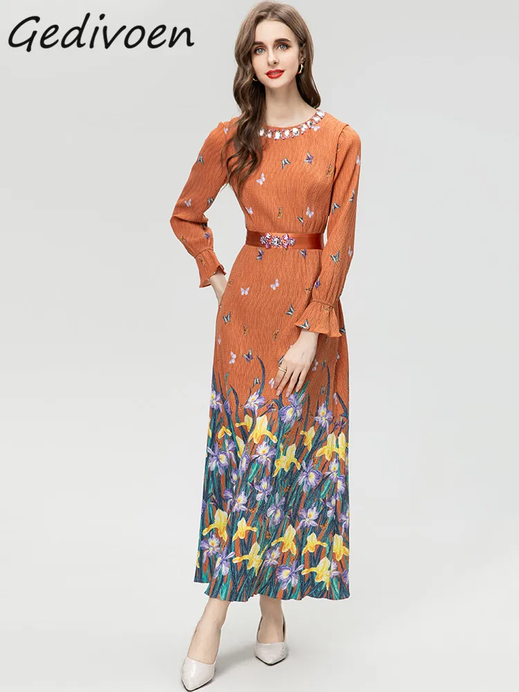 Gedivoen Rudens mados dizainerė Vintage Print Party suknelė Moteriška O kaklas ilgomis rankovėmis Deimantas Aukštas juosmuo plonas A-LINE Ilga suknelė