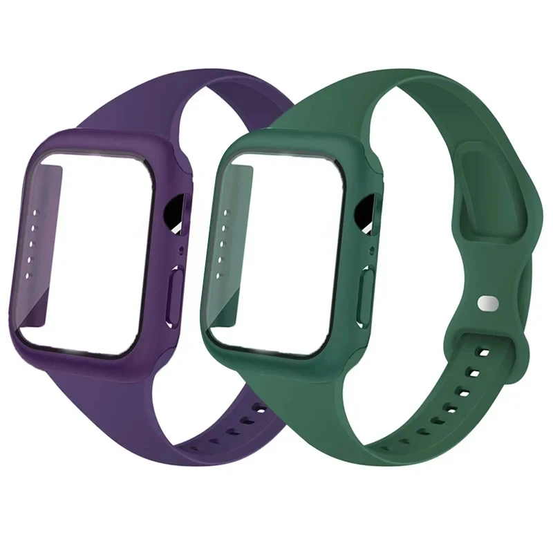 Glass+Case+Silicone Strap For Apple Watch band 44mm 40mm 45mm correa 41mm 38mm 42mm sportinė apyrankė iWatch serie 8 9 7 6 5 4 3 SE