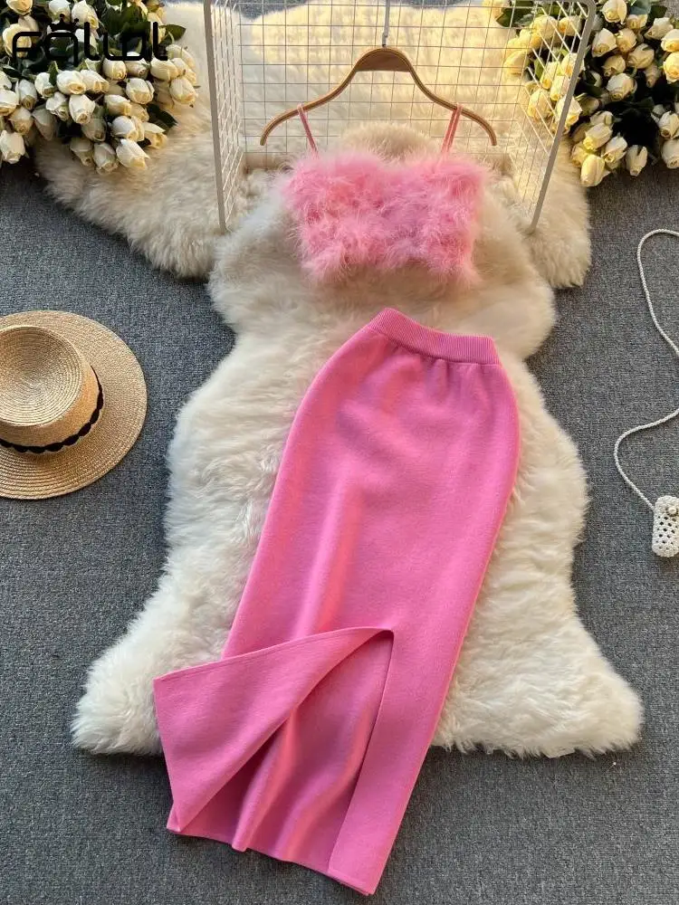 Habbris Summer Pink Bodycon Crop Top And Skirt Set Club For Woman 2023 Knit Backless Side Slit Sijonas Komplektas be rankovių Naujas komplekte