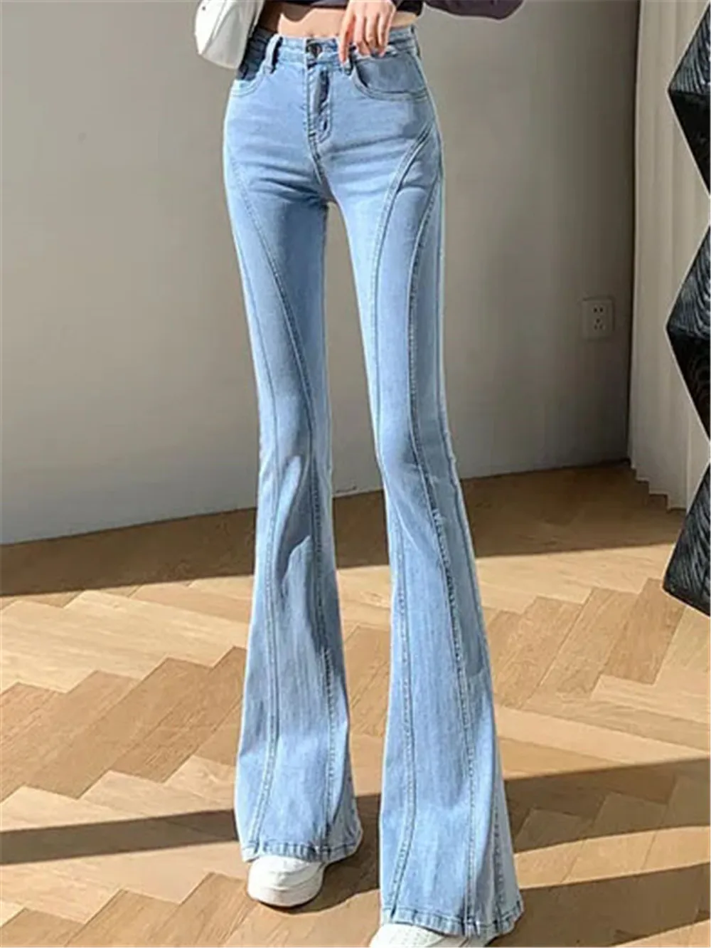 Harajuku Streetwear Retro Fashion Blue Line Women High Waist Jeans Loose Wide Leg Straight Loose Denim Kelnės Y2k Baggy Kelnės