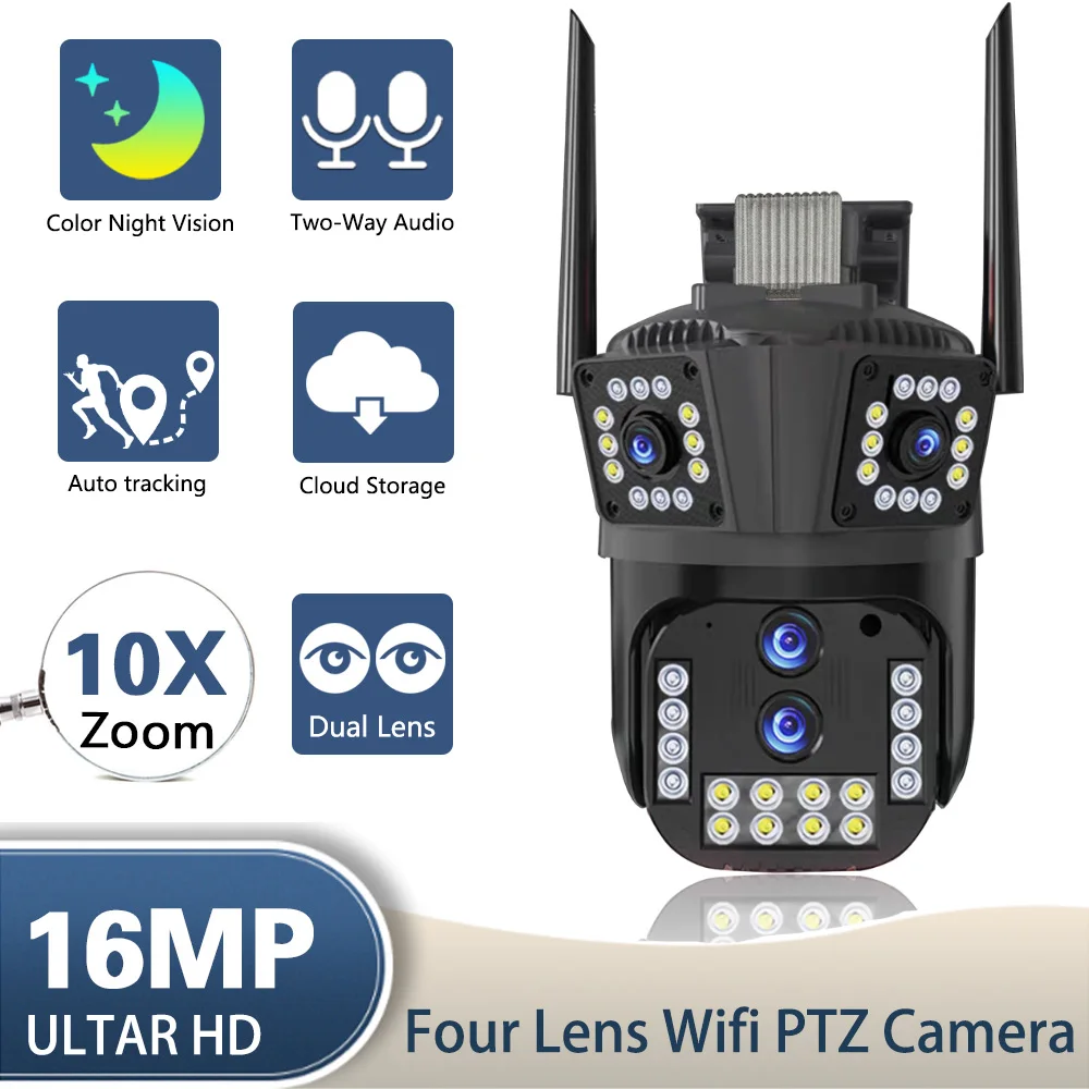 HD 8K 16MP PTZ WIFI IP kamera lauke 10X priartinimo automatinis sekimas vandeniui atsparus keturių objektyvų trijų ekranų 4K vaizdo stebėjimo kamera