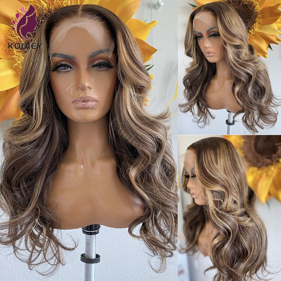 Highlight Body Wave Silk Top Nėrinių perukas Brazilijos banguoti žmogaus plaukų perukai moterims 4/27 Honey Blonde 360 Full HD Glueless nėrinių perukas