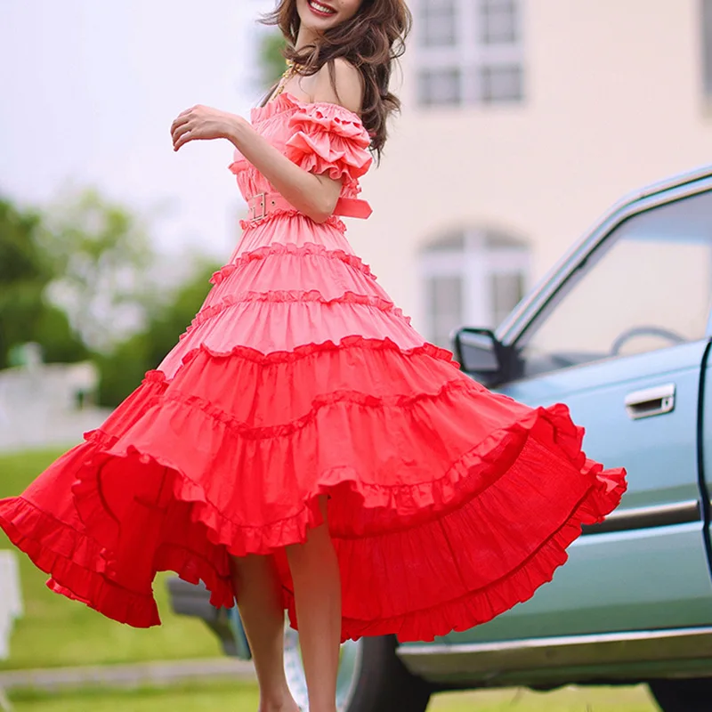 Holiday Pink Ilgas sijonas Vasara ir ruduo Nauja įstrižinė apykaklė Kontrastinė spalva Susiuvimas Kaskadinis gradientas Raukta moteriška suknelė