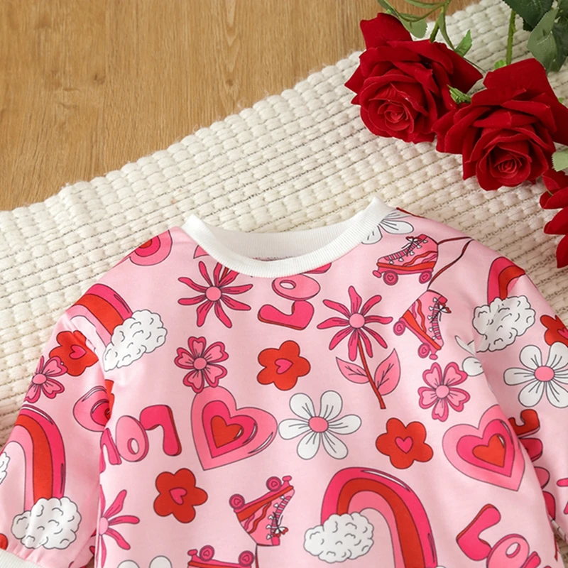 Infant Baby Girls Valentino dienos džemperis Romper ilgomis rankovėmis Širdis Gėlių atspaudas Kombinezonai Smėlinukai