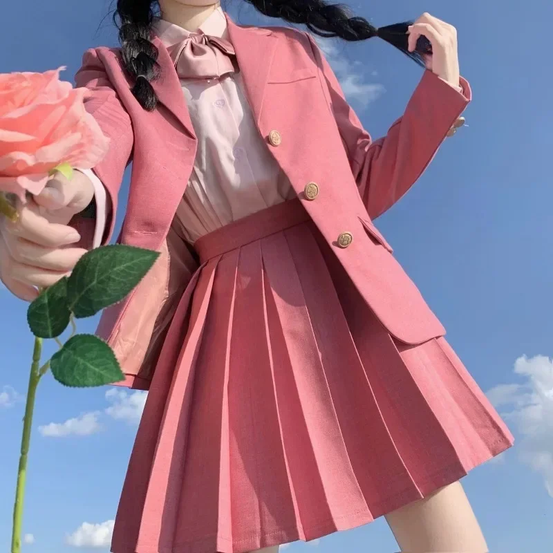 japoniškas rožinis metalinis švarkas ilgomis rankovėmis mini plisuotas sijonas mokyklinė uniforma moterims rudenį miela korėjiečių школьная форма