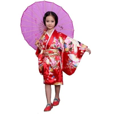 Japonų Kimono mergaičių šilko imitacija Povas Spausdintas Yukata drabužių suknelė Vaikiškas kostiumas Tradicinis kostiumas mergaitėms