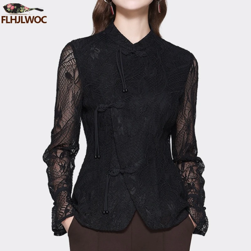 Juodos nėrinių viršūnės Palaidinės Slim Fitted Fashion Prancūziško dizaino stovo apykaklė Elegantiškas biuras Lady Solid Bow Tie Tops Pagrindiniai marškiniai