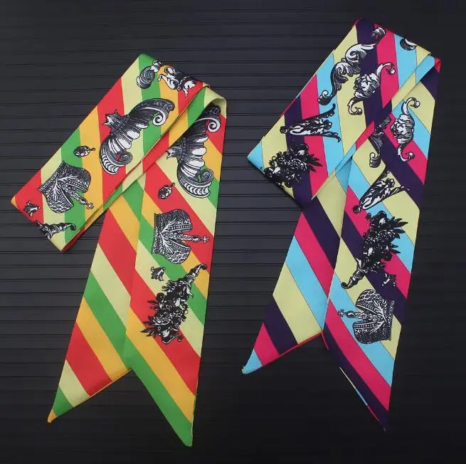 Karūnos spausdinimas Naujas dizainas 2018 Šilko šalikas Moteriškas kaklaraištis Prabangus prekės ženklas Šaliko krepšys Kaspinai Mados galvos šalikas Maži ilgi šalikai