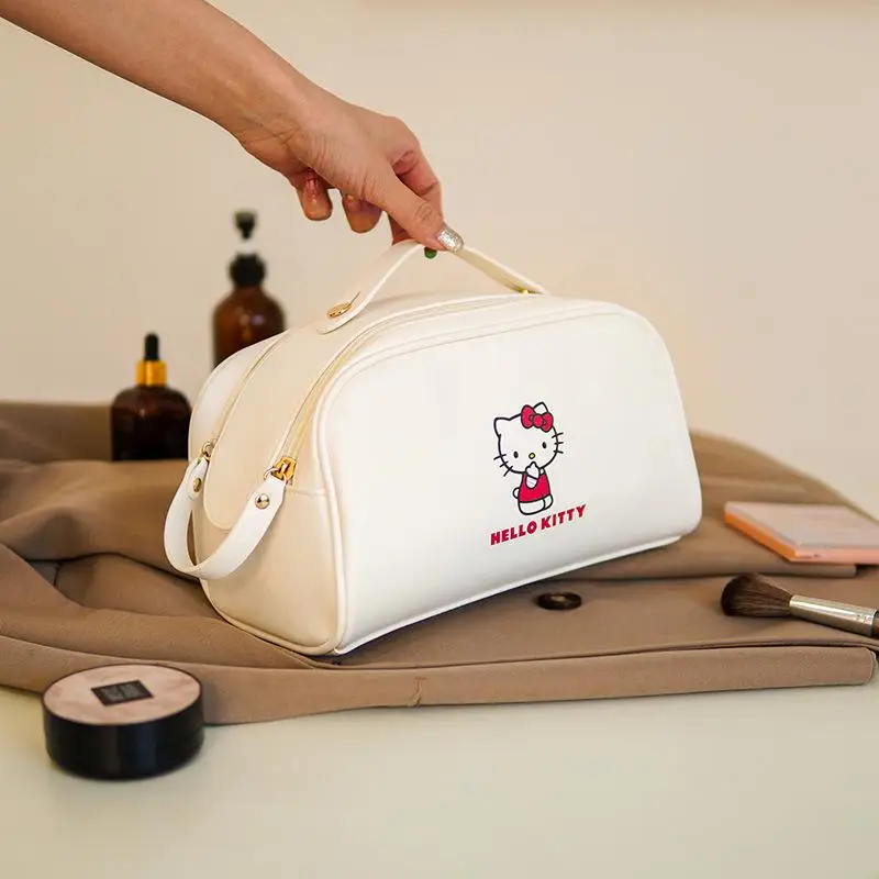 Kawaii Sanrio Hello Kitty animacinis filmas Mielas delninis dvigubas užtrauktukas makiažo krepšys Didelės talpos nešiojamas kelioninis didelio grožio laikymo krepšys