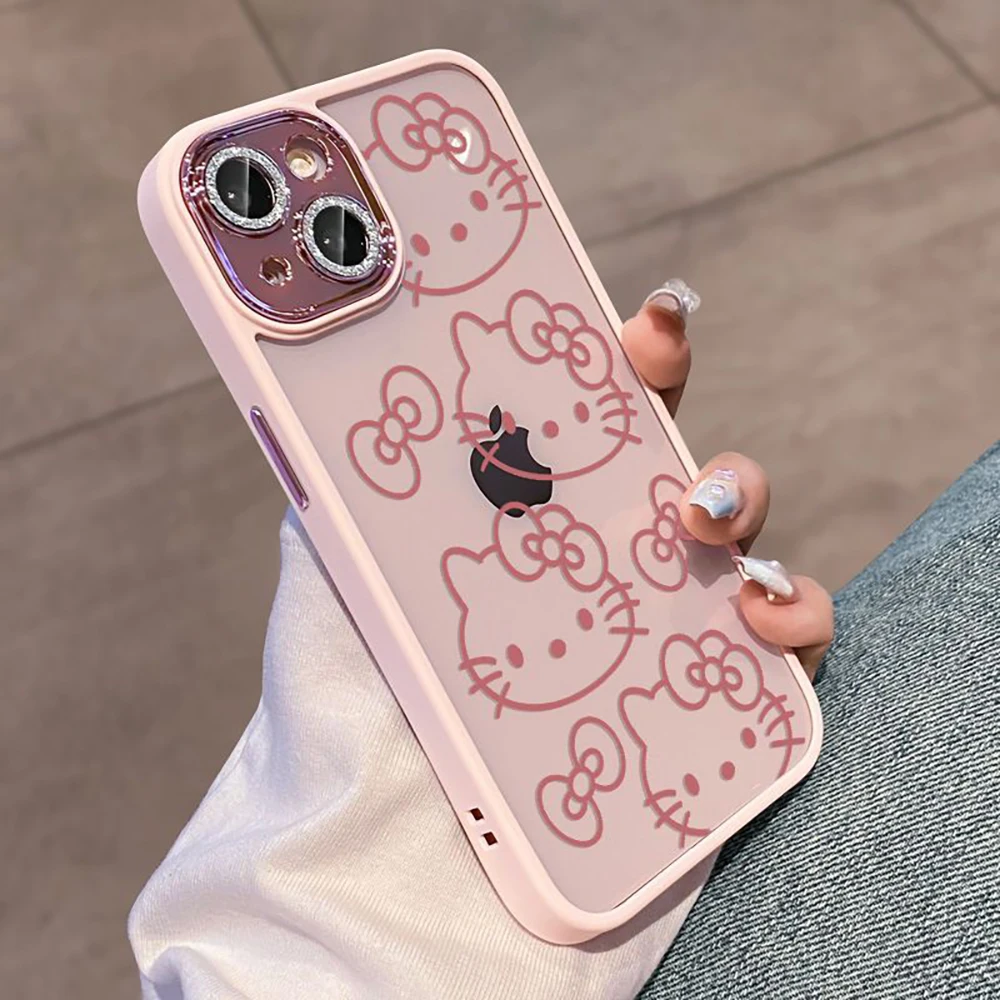 Kawaii Sanrio Hello Kitty mielas telefono dėklas Visos aprėpties objektyvas Iphone15 15Pro 14 13 12 11 Dovanos mergaitėms Anti Drop telefono dėklas