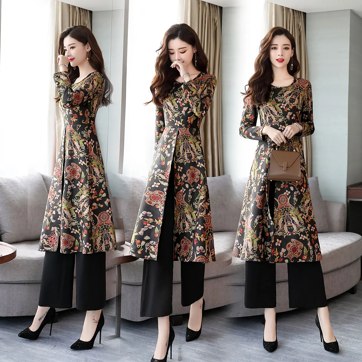 kinų stiliaus marginta dviejų dalių suknelė moterims 2018 naujas rudens temperamento retro tautinio stiliaus kelnių kostiumas