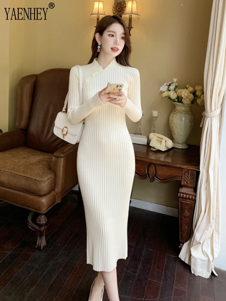 Kinų stiliaus stovo apykaklės mezgimo megztinis Midi Dresess moteriškiems drabužiams Elegantiška vintažinė bodycon suknelė Korėja Ruduo žiema