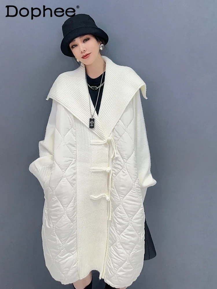 Korėjietiško stiliaus paminkštinta medvilninė striukė Moteris 2023 Žiema Naujas vidutinio ilgio pleistras Mezgimo atlapai Oversized Coat Moteriški drabužiai