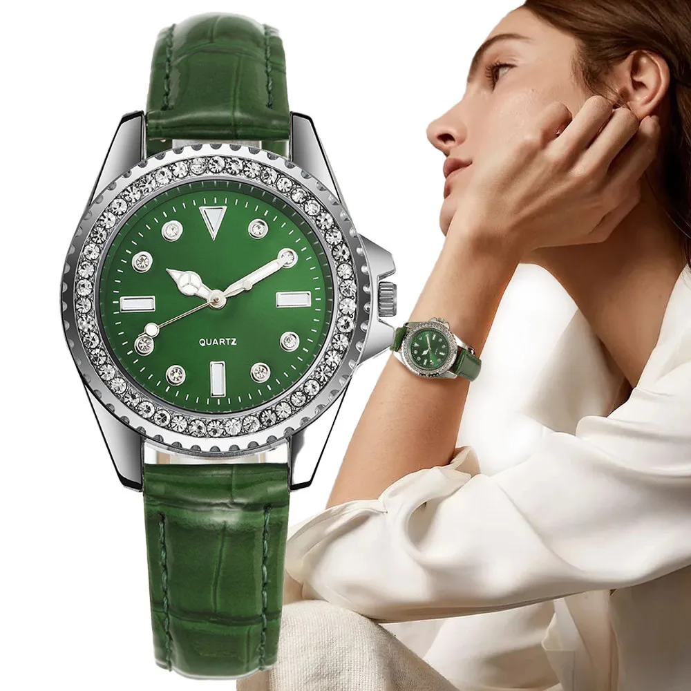 Ladies Luxury Diamond Branded Quartz Watch Fashion 2023 Naujas paprastas žalios odos moteriškos suknelės laikrodis DDP
