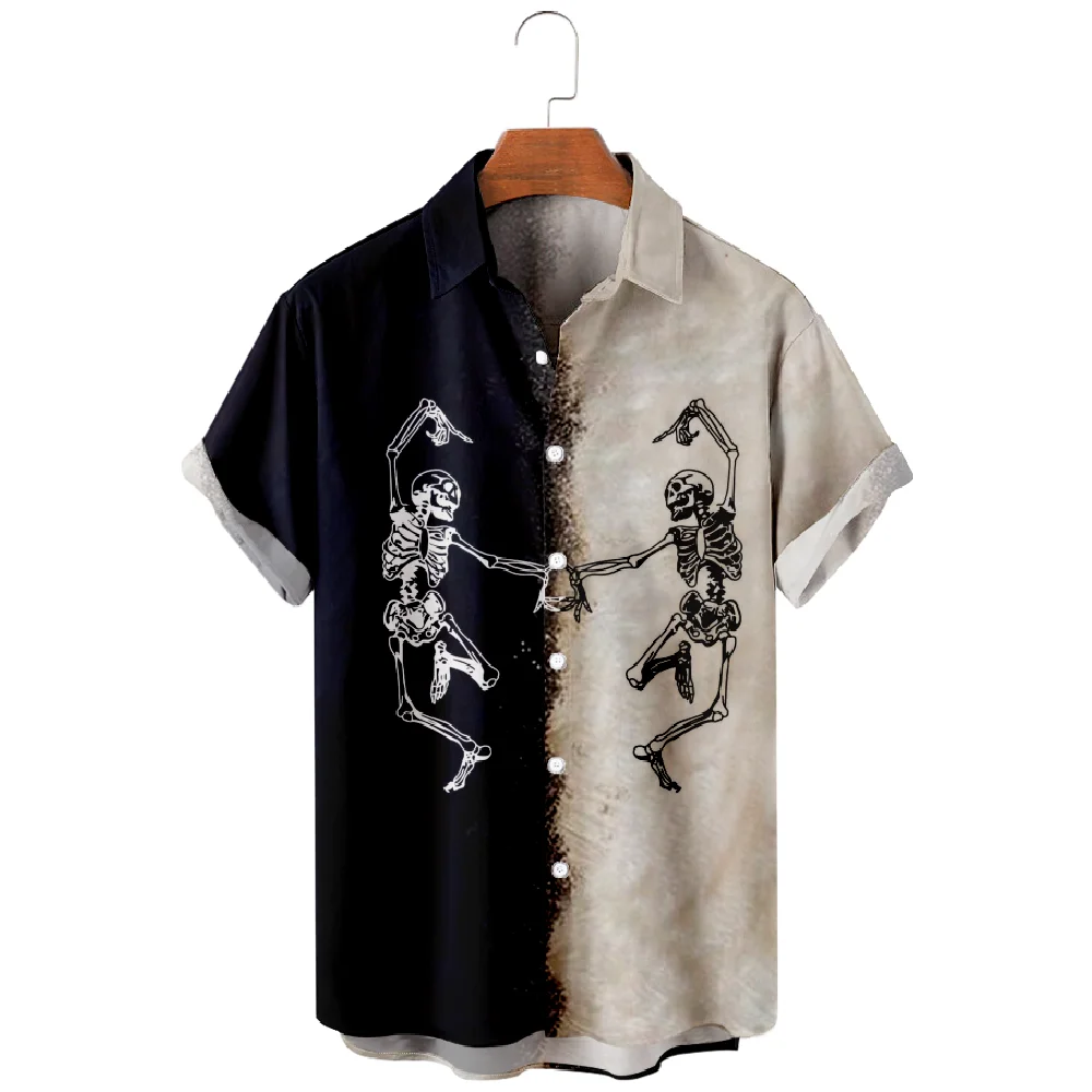 Laisvalaikio marškiniai vyrams Šokis Skeleto atspaudas Marškiniai trumpomis rankovėmis Patchwork dizainas Vasaros paplūdimio atostogų viršūnės kvėpuojančios