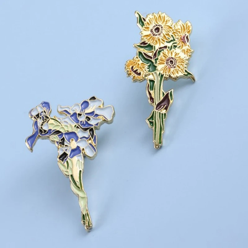Lapel Pin Badge Van Gogh Sunflower Iris Sagėlė Skrybėlių smeigtukas Metalas drabužiams Emalio smeigtukai Ženkliukai Kuprinės dovanos moterims