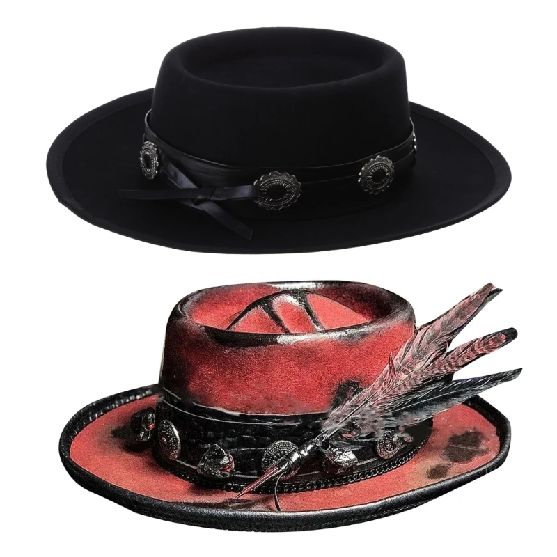 Lengva kaubojiška skrybėlė moteris vyrai ponios kaukolės raštas kaubojiška skrybėlė Helovino vakarėlio skrybėlė su plunksnų dekoru