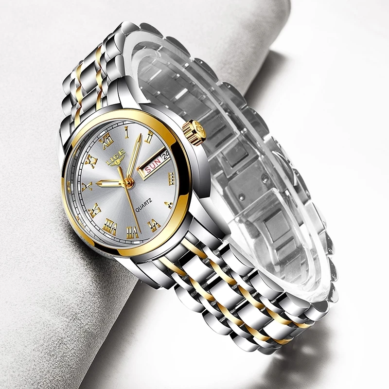 LIGE 2023 Naujas auksinis laikrodis Moteriški laikrodžiai Ladies Creative Steel Moteriškos apyrankės laikrodžiai Moteriškas vandeniui atsparus laikrodis Relogio Feminino