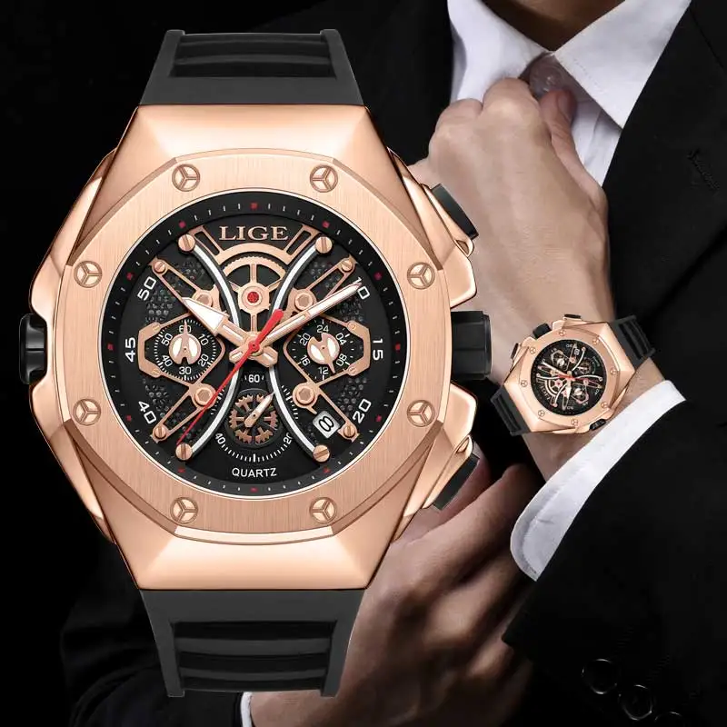 LIGE Skeleto vyriški laikrodžiai Prabangūs verslo vyro kvarcinis rankinis laikrodis sportinis silikoninis dirželis vandeniui atsparus chronografas datos laikrodis vyrams