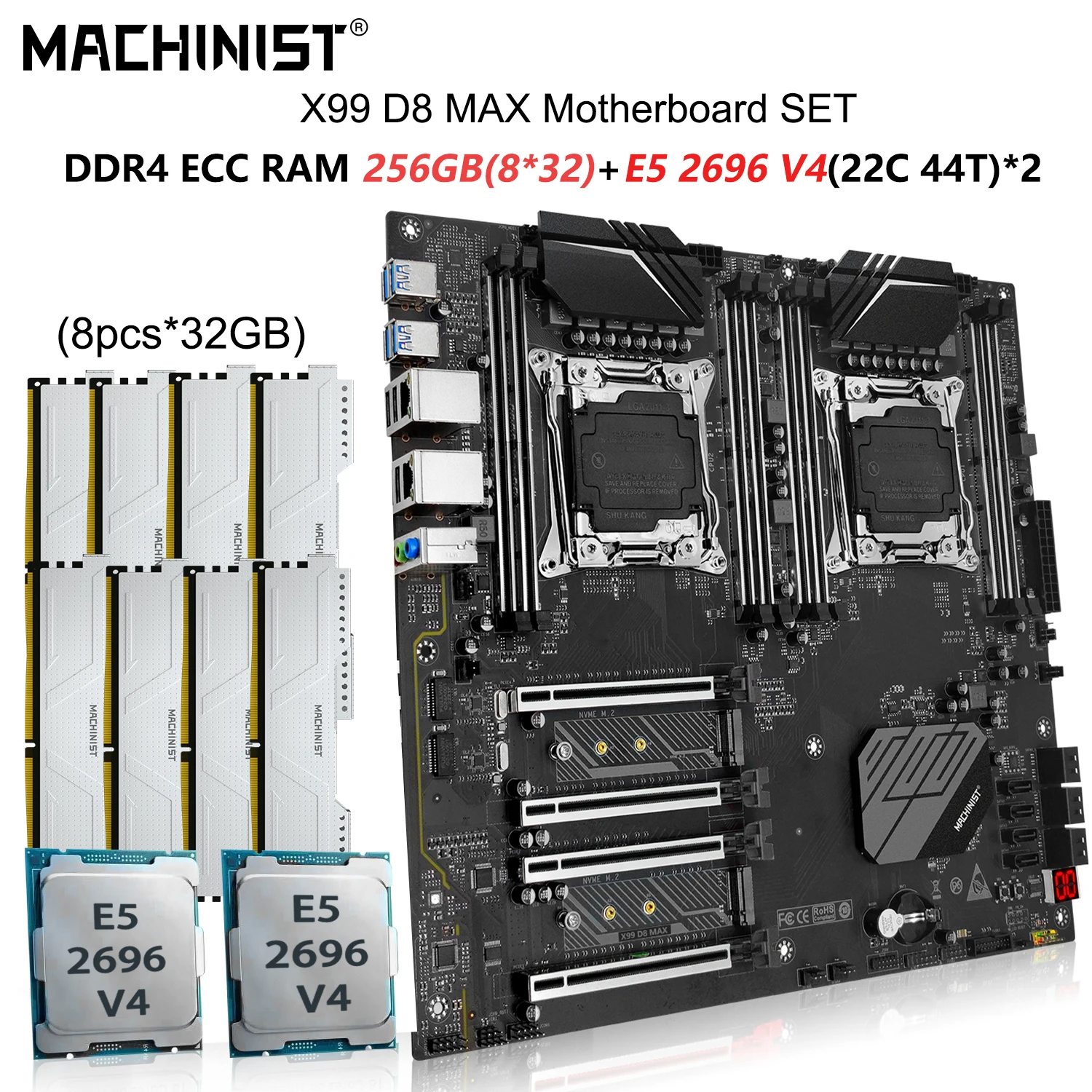 MACHINIST X99 pagrindinės plokštės komplektas LGA 2011-3kit Xeon E5 2696 v4 Dual CPU procesorius 8*32=256GB DDR4 ECC RAM atmintis NVME M.2 D8 MAX