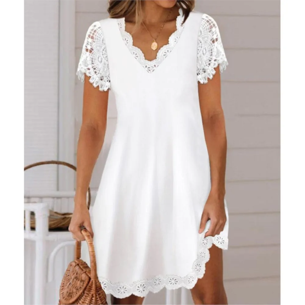 Madinga balta A linijos suknelė Moteris 2024 m. vasaros naujas vientisas nėrinių pleistras trumpomis rankovėmis V formos kaklo moteriška suknelė Vestidos De Mujer