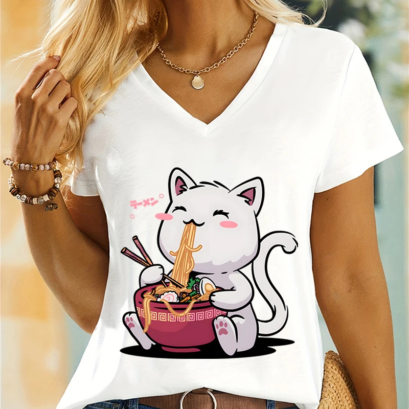 Marškiniai moterims Kawaii Neko Cat Ramen Bowl Print marškinėliai Moteriškos estetinės viršūnės Drabužiai marškinėliai trumpomis rankovėmis Trikotažiniai marškinėliai Femme Y2k Tops