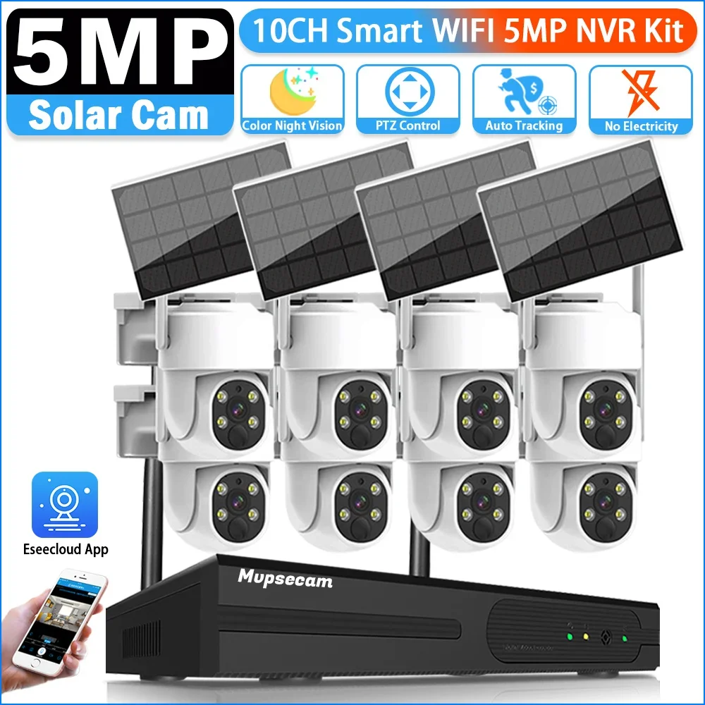Mažos galios 5MP WiFi vaizdo stebėjimo kamerų sistema 10CH P2P WIFI NVR rinkinys Lauko automatinio sekimo vaizdo stebėjimo CCTV saulės kameros apsaugos rinkinys