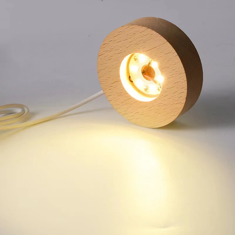 Medinė LED lemputė Dispaly pagrindas Krištolo stiklo menas Apšviesta naktinė lempa Pagrindas LED lemputė Besisukantis ekranas Stovas Spalvinga šviesa