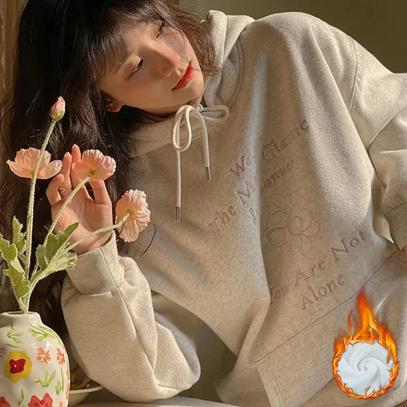 MEXZT Streetwear Letter Print Hoodies Women Plus Fleece Thick Sweatshirt Y2K Harajuku Korean Oversized Plush Casual Pullovers