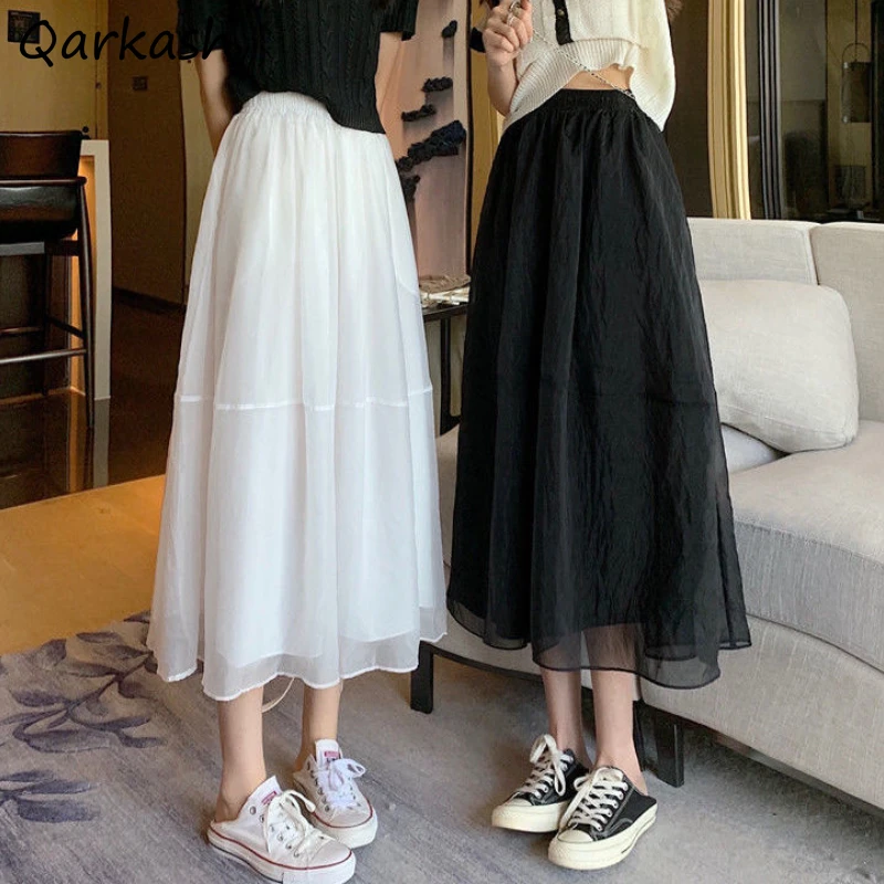 Midi sijonai Moteriški marlės vintažiniai krepšiai gatvės drabužiai Solidi nuotaika Aukštas liemuo Laisvalaikio korėjietiško stiliaus mažuma Daily All-match Tender
