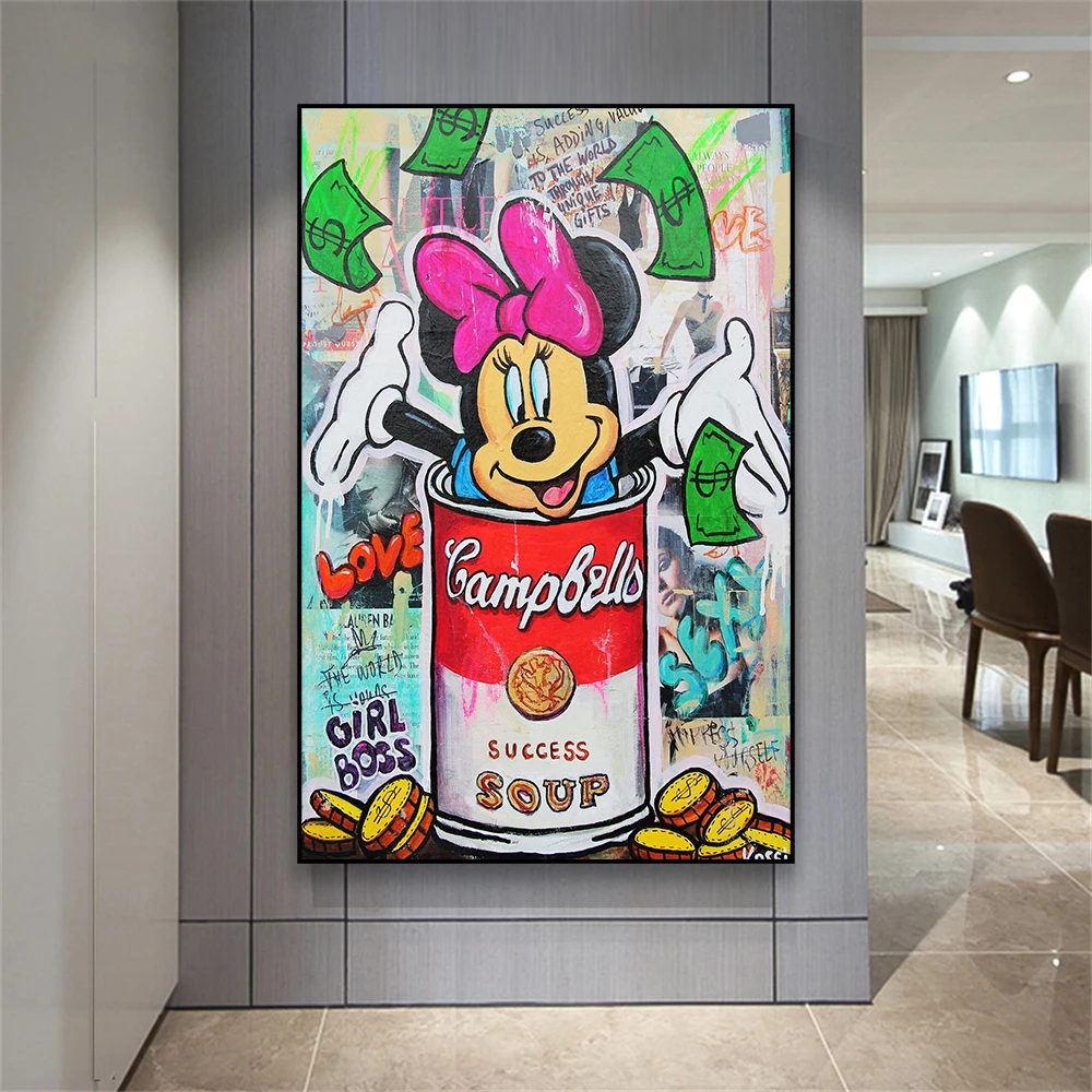 Minnie Mouse Wall Art Decor Poster Disney Cartoon Large Graffiti Art Plakatai Sėkmė Pinigai Dailė Drobė Tapyba Spausdinimo kambario dekoras
