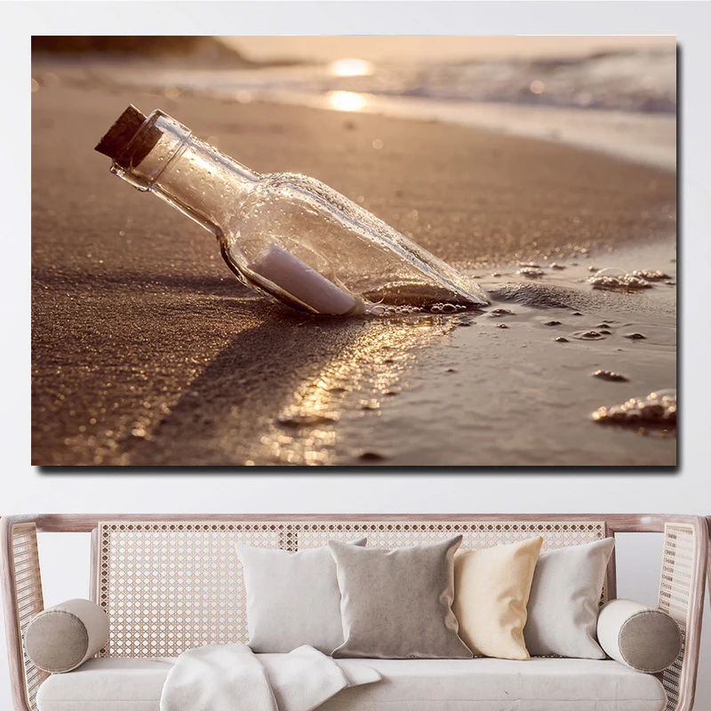 Modernus laiškas butelyje Dreifuojantis butelis jūros drobėje Jūros peizažo tapyba Plakatai ir atspaudai svetainei Namų dekoras Cuadros