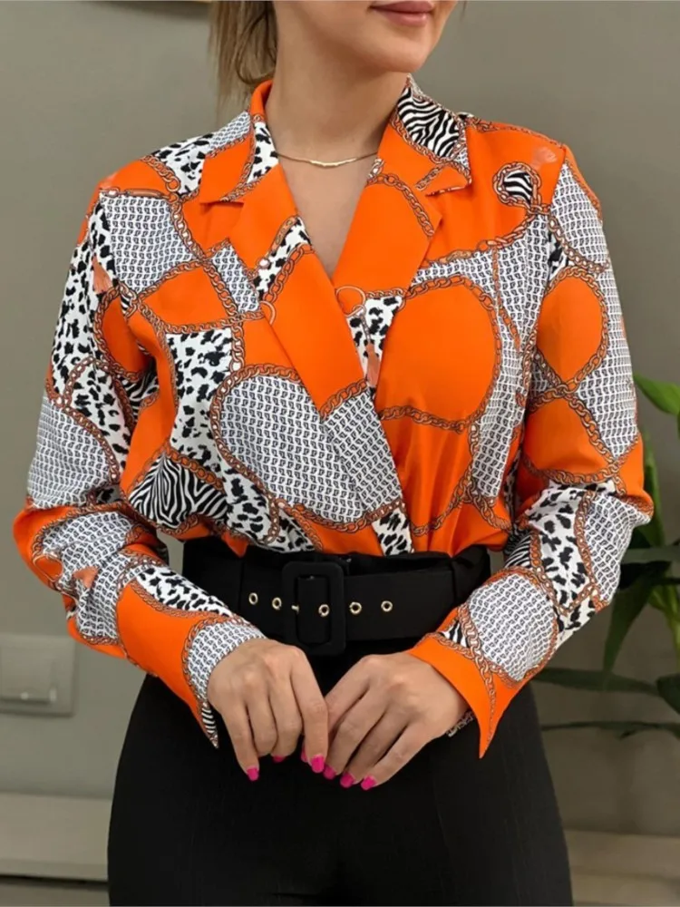 Moteriška palaidinė Mados spauda Įpjautas kaklas ilgomis rankovėmis Elegantiški marškiniai Office Top 2023 Naujos pavasario rudens moteriškos palaidinės Casual