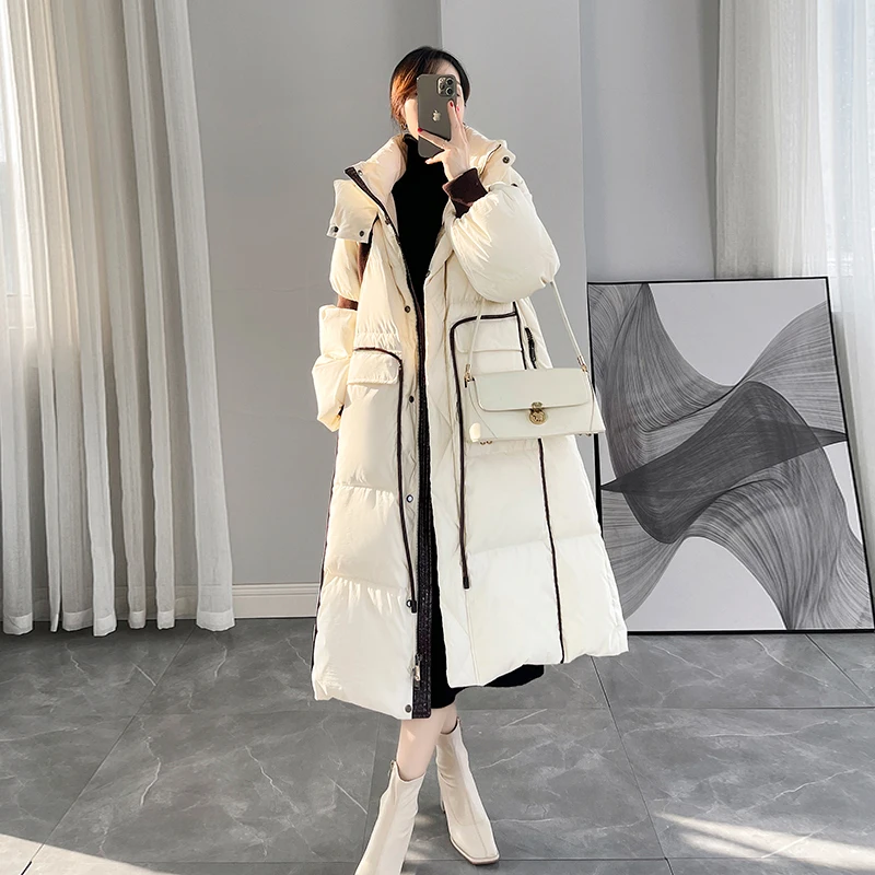 Moteriška pūkinė striukė Ilgas paltas Moteriškas žiemos parkas 90% baltos anties pūkinės striukės Šilta džemperė su gobtuvu Mada 2023 Abrigo Mujer