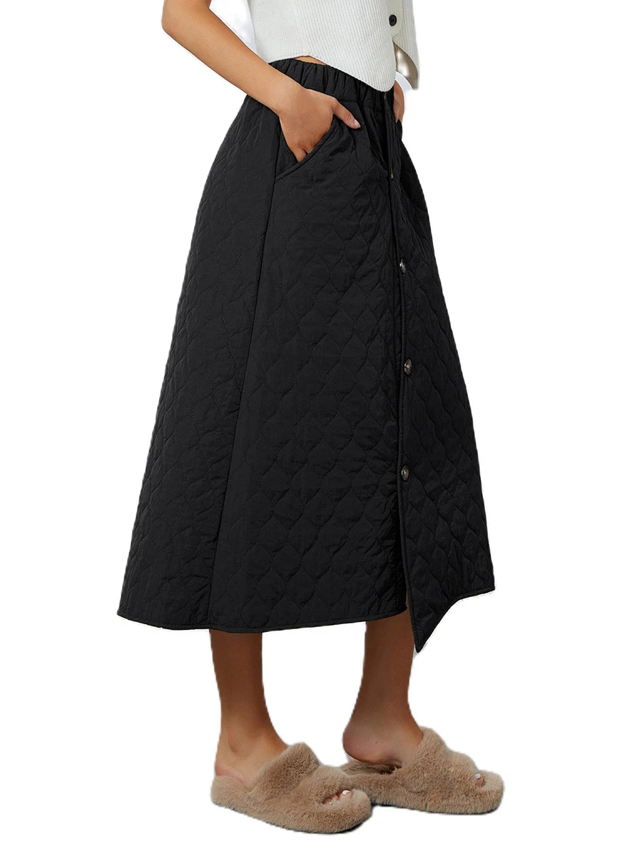Moteriškas dygsniuotas sijonas Laisvalaikio paprastos sagos Elastinis juosmuo A-Line Šilti žieminiai izoliuoti ilgi sijonai su kišenėmis
