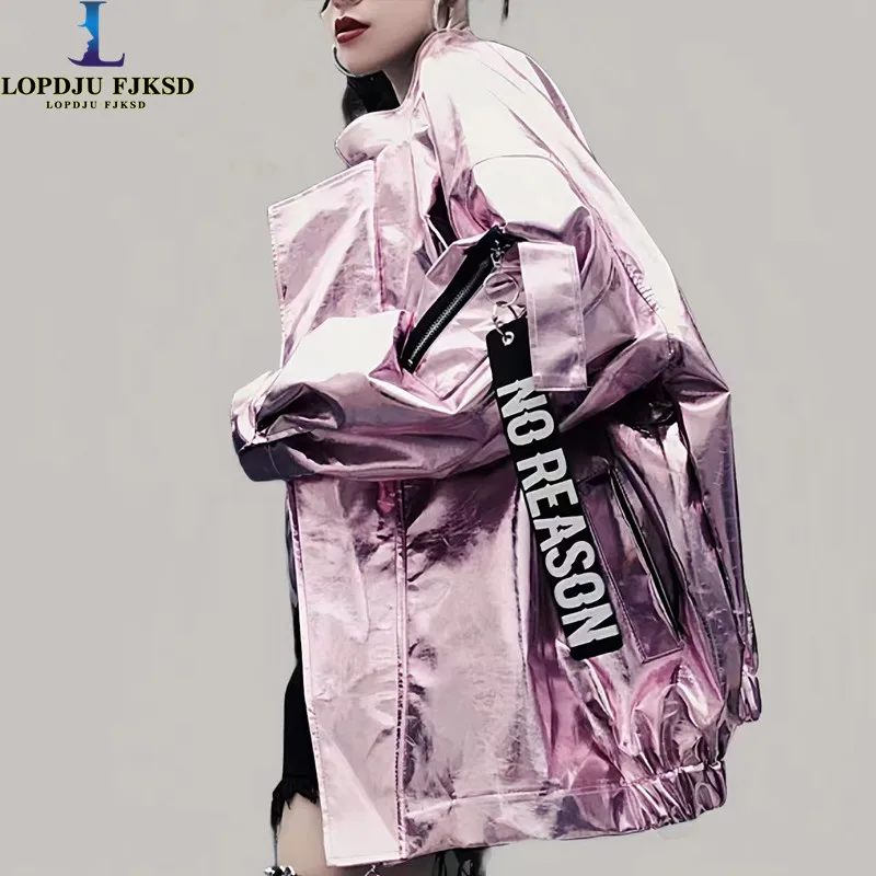 Moteriškas korėjietiškas laisvas blizgučių švarkas, metalo spalva, rožinė, violetinė, sidabrinė stovo kaklo paltas, vakarėlių mada, moteris, ruduo, 2023